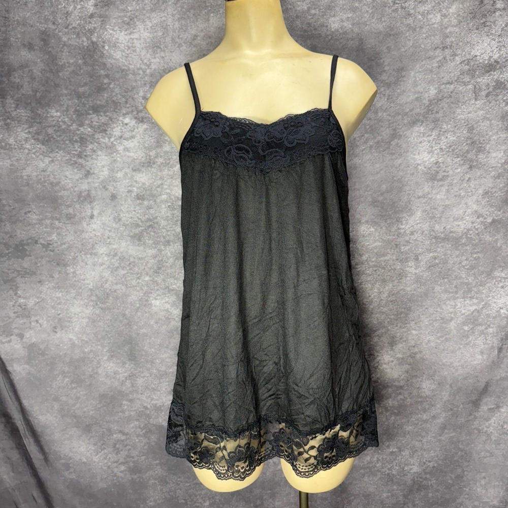 COCO + CARMEN Black Lace Trim Cami Tank Top Size S/M Swing Crinkle Y2K Style